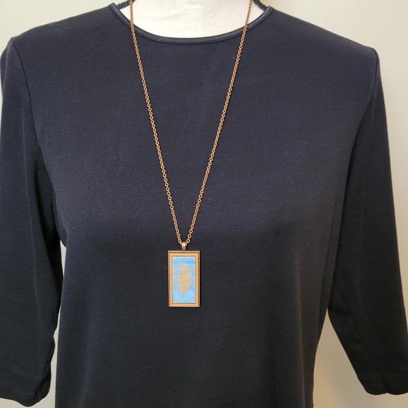 NWT Feather Copper Wood Pendant Necklace Statement Peace Handcrafted USA - Picture 3 of 12